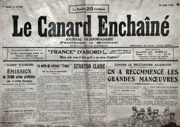 N° 322 du Canard Enchaîné -  30 Août 1922