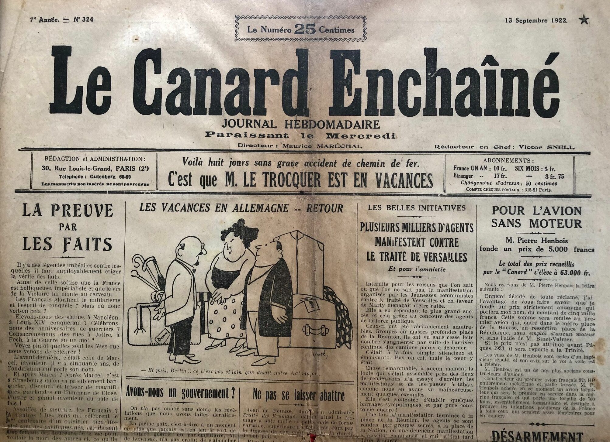N° 324 du Canard Enchaîné - 13 Septembre 1922 | 79,00 € | 324 | Couac ! | Presse Authentique de l'Epoque ! Pour des Cadeaux Originaux : Journal Rare Anniversaire, de Naissance... N° 324 du Canard Enchaîné -  13 Septembre 1922