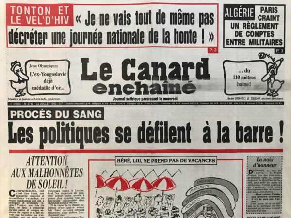 N° 3743 du Canard Enchaîné -  22 Juillet 1992