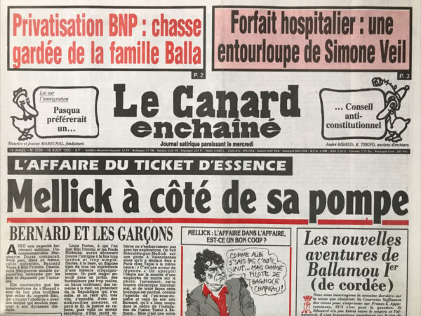 N° 3799 du Canard Enchaîné -  18 Août 1993