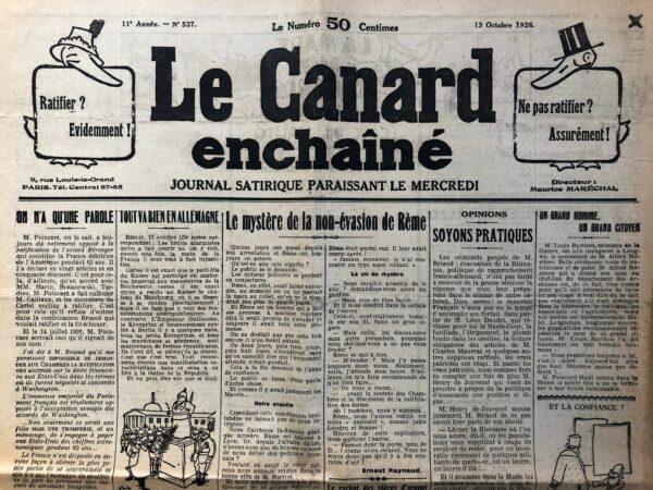N° 537 du Canard Enchaîné -  13 Octobre 1926