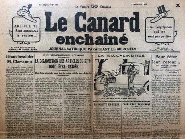 N° 642 du Canard Enchaîné -  17 Octobre 1928