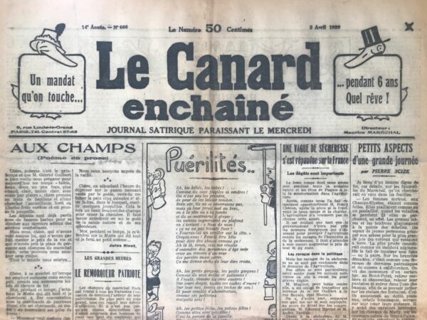 N° 666 du Canard Enchaîné -  3 Avril 1929