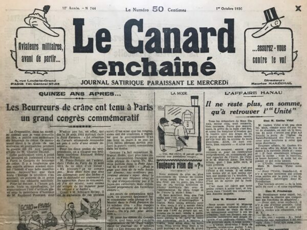 N° 744 du Canard Enchaîné -  1 Octobre 1930