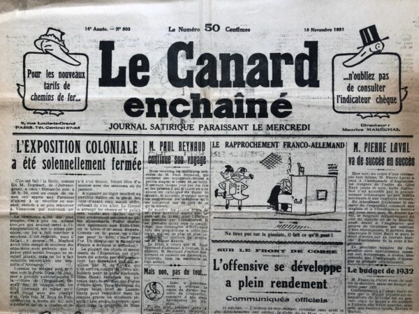 N° 803 du Canard Enchaîné -  18 Novembre 1931