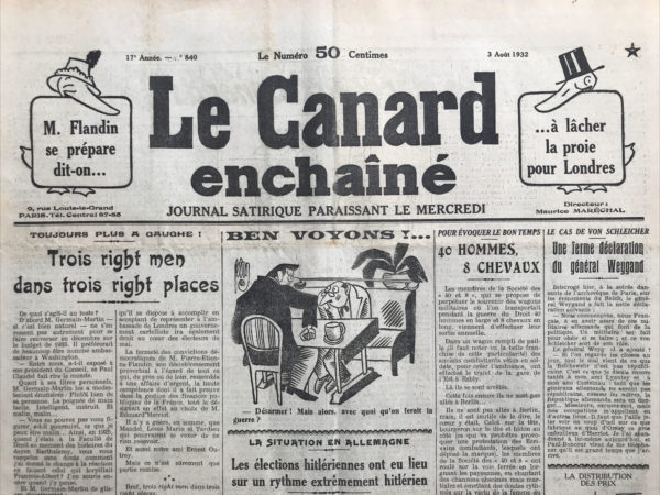 N° 840 du Canard Enchaîné -  3 Août 1932