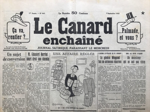N° 845 du Canard Enchaîné -  7 Septembre 1932