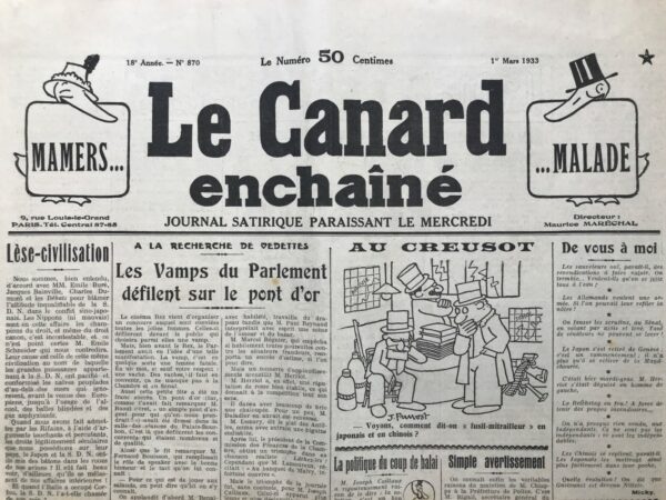 N° 870 du Canard Enchaîné -  1 Mars 1933