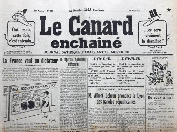N° 872 du Canard Enchaîné -  15 Mars 1933