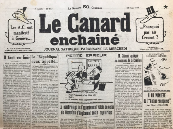 N° 873 du Canard Enchaîné -  22 Mars 1933