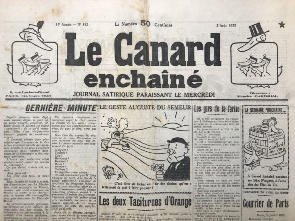 N° 892 du Canard Enchaîné -  2 Août 1933