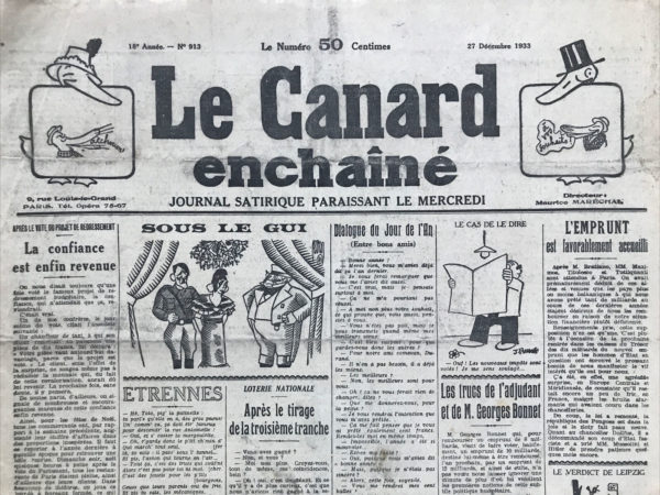 N° 913 du Canard Enchaîné -  27 Décembre 1933