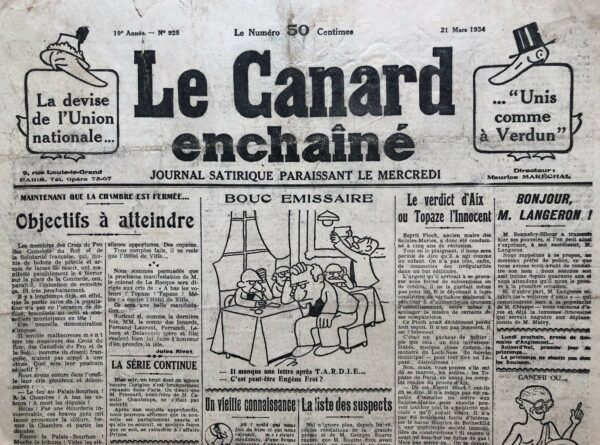 N° 925 du Canard Enchaîné -  21 Mars 1934