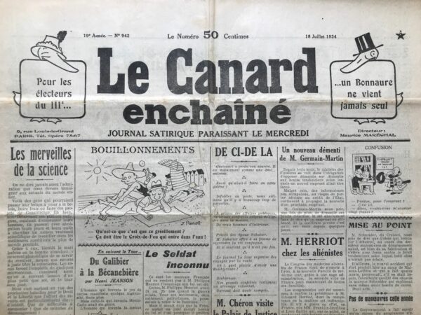 N° 942 du Canard Enchaîné -  18 Juillet 1934