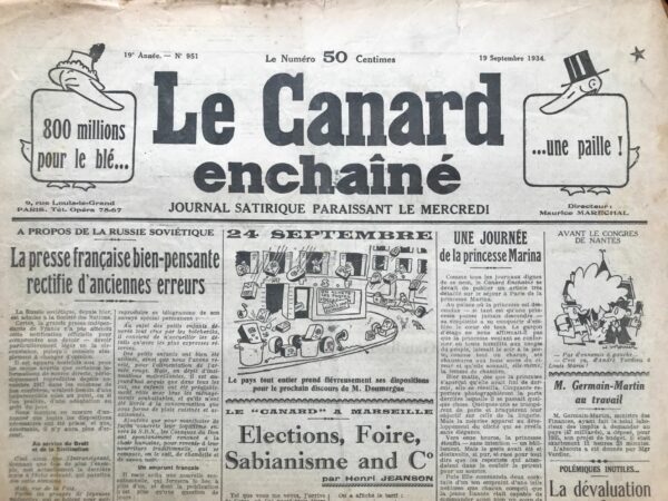 N° 951 du Canard Enchaîné -  19 Septembre 1934