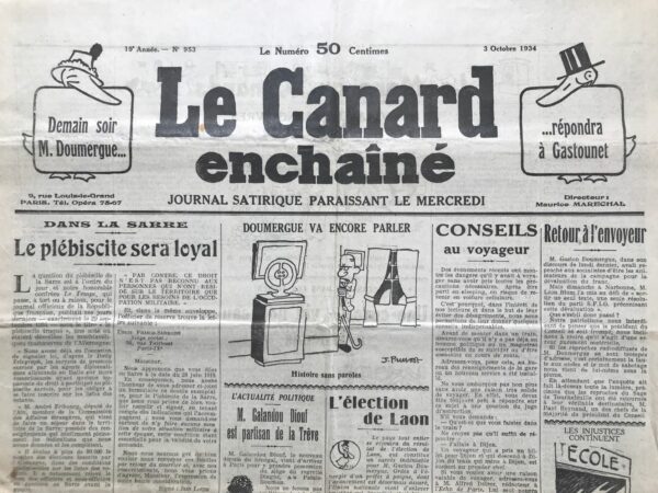 N° 953 du Canard Enchaîné -  3 Octobre 1934