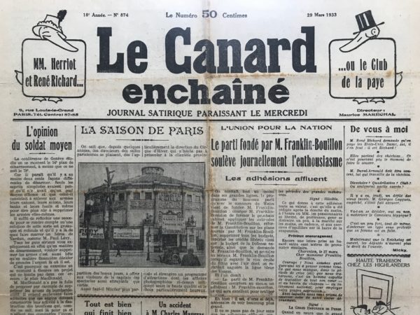 N° 874 du Canard Enchaîné -  29 Mars 1933