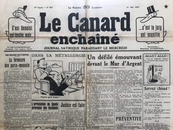 N° 883 du Canard Enchaîné -  31 Mai 1933