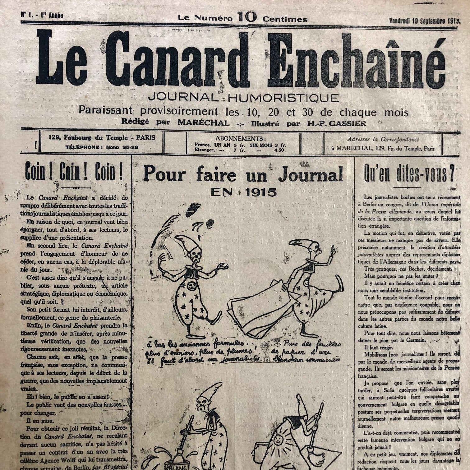 N° 1 du Canard Enchaîné - 10 septembre 1915 | 1500,00 € | 01 | Couac ! | Presse Authentique de l'Epoque ! Pour des Cadeaux Originaux : Journal Rare Anniversaire, de Naissance... N° 1 du Canard Enchaîné - 10 septembre 1915