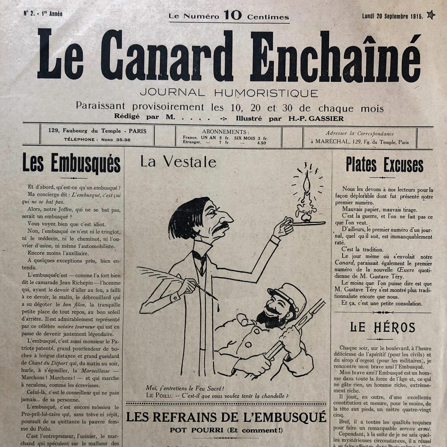 N° 2 du Canard Enchaîné - 20 septembre 1915 | 700,00 € | 02 | Couac ! | Presse Authentique de l'Epoque ! Pour des Cadeaux Originaux : Journal Rare Anniversaire, de Naissance... N° 2 du Canard Enchaîné - 20 septembre 1915