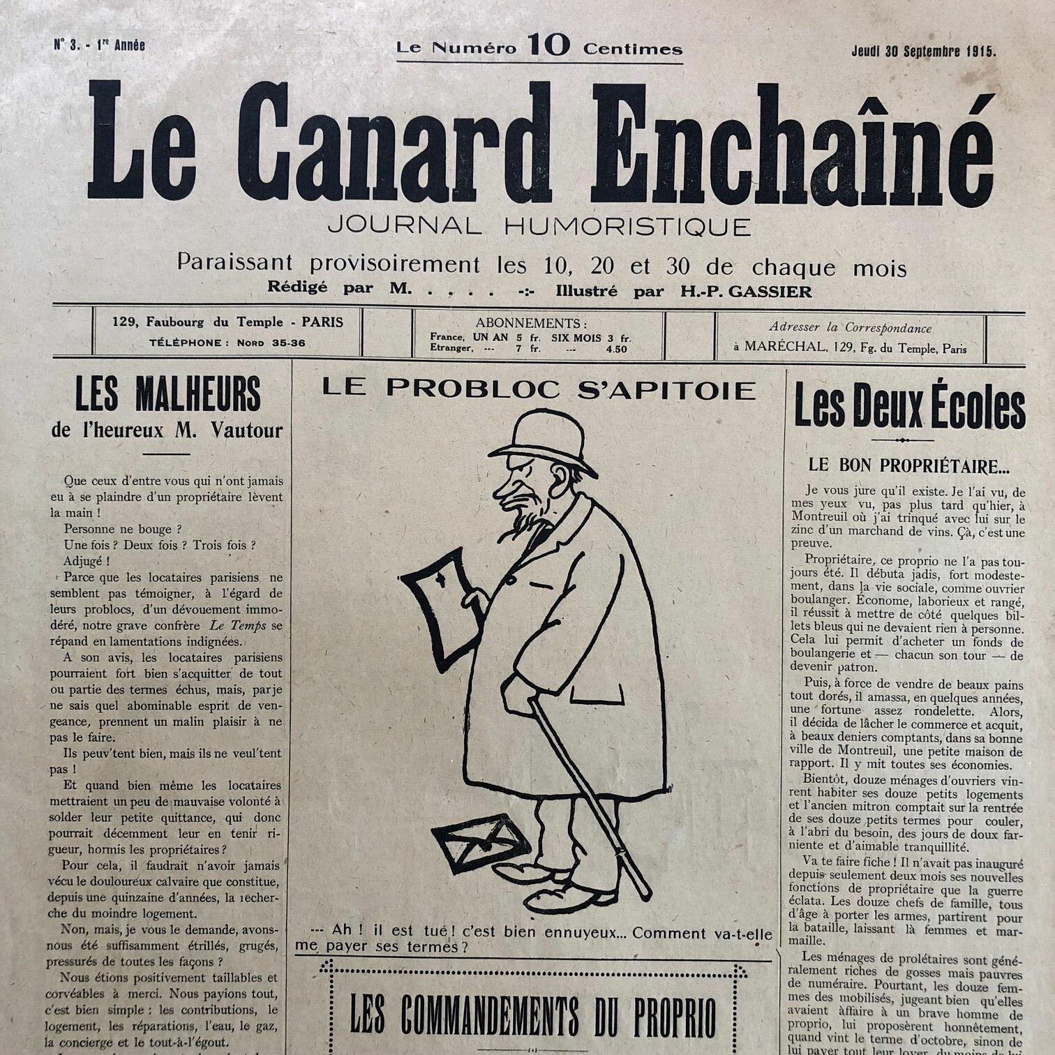 N° 3 du Canard Enchaîné - 30 septembre 1915 | 700,00 € | 03 | Couac ! | Presse Authentique de l'Epoque ! Pour des Cadeaux Originaux : Journal Rare Anniversaire, de Naissance... N° 3 du Canard Enchaîné - 30 septembre 1915